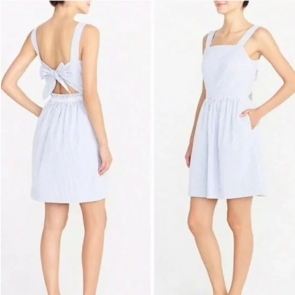 J. Crew seersucker apron dress, bow tie back, blue & white stripe, nwot! Medium!